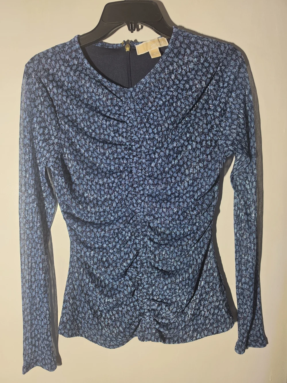 Michael Kors Blue Patterned Long-Sleeve Ruched Top